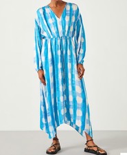 Hush Maxi Dress Medium Blue White Long Sleeve Hankerchief Hem Summer Holiday