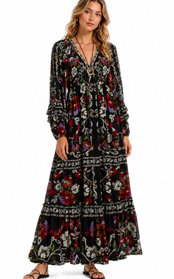 Farm Rio Rococo Flowers Black Maxi Dress Small NWT Floral Boho Long Sleeve $330