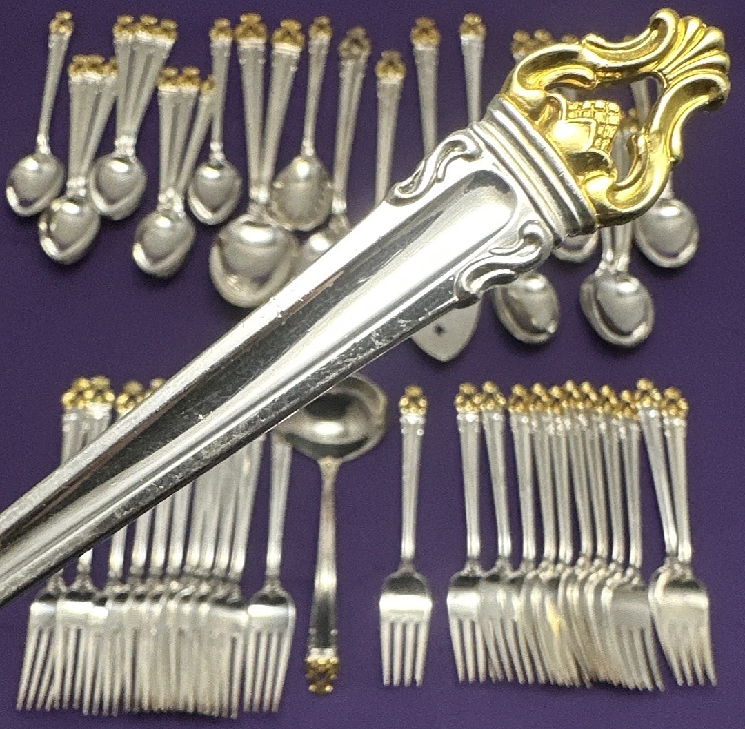 54 PC GOLDEN CROWN Silverplate FORKS SPOONS & SERVING Reed & Barton Gold Accent