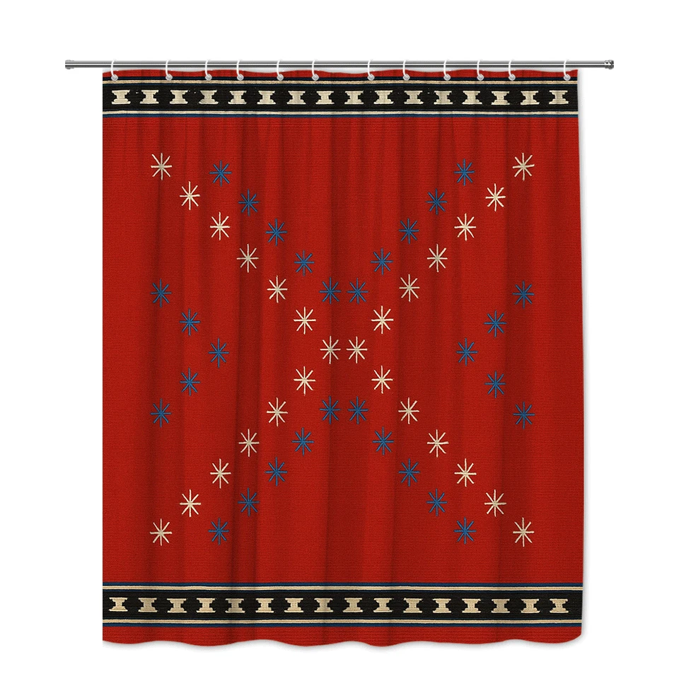 Red Embroidered Shower Curtain with Blue and Cream Stars - Image 2 of 4