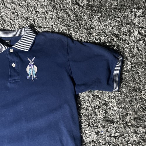 VTG Looney Tunes Polo 90s Bugs Bunny Golf Blue 1996 Striped Collar Cuffs Mens XS - Picture 4 of 19