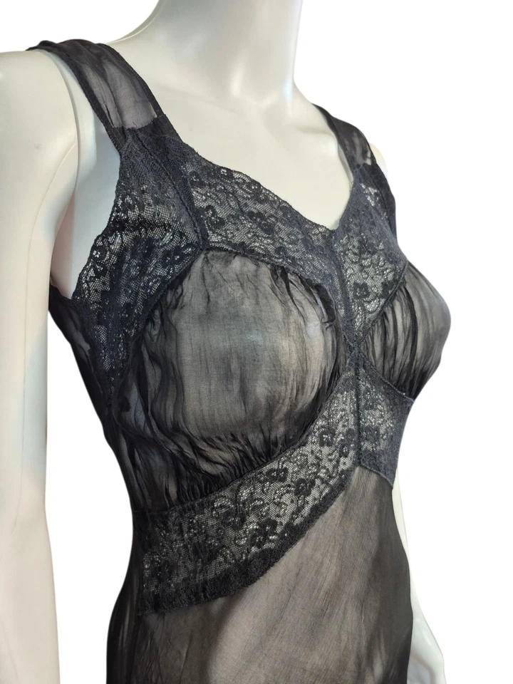 Винтажный 30-х чистый черный Bias вырез ночная рубашка S/M длина пола шифоновое сексуальный деко Nouvea - Изображение 3 из 4