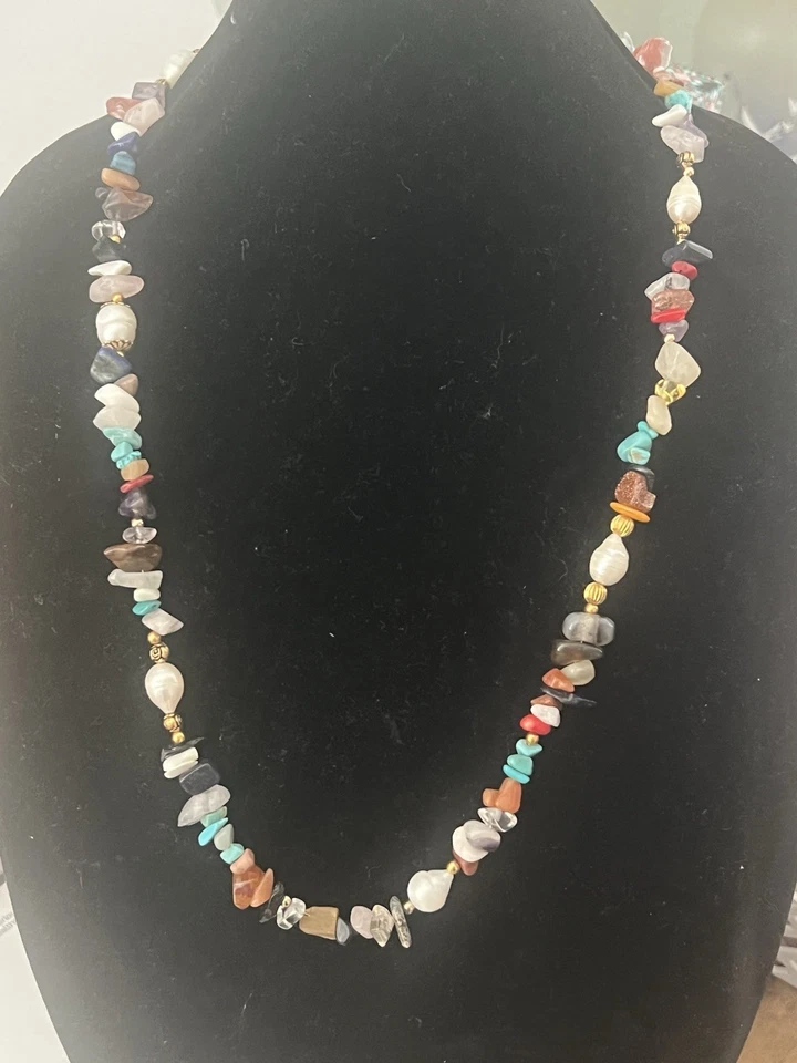 "Collar estilo boho multi-piedras preciosas con perlas de agua dulce 30"" hecho a mano" Foto 4 de 4