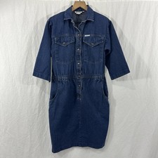Dreams Vintage Blue Denim Western Rodeo Snap Button Elastic Waist Dress Sz S