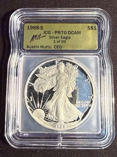 1988-S Silver Eagle Proof PR70 DCAM ICG GOLD 1 OF 99 Hutto Signed Label