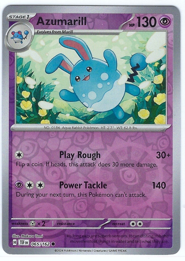 Azumarill - REVERSE HOLO FOIL - Temporal Forces card # 65/162 - FRESH PULL - NM