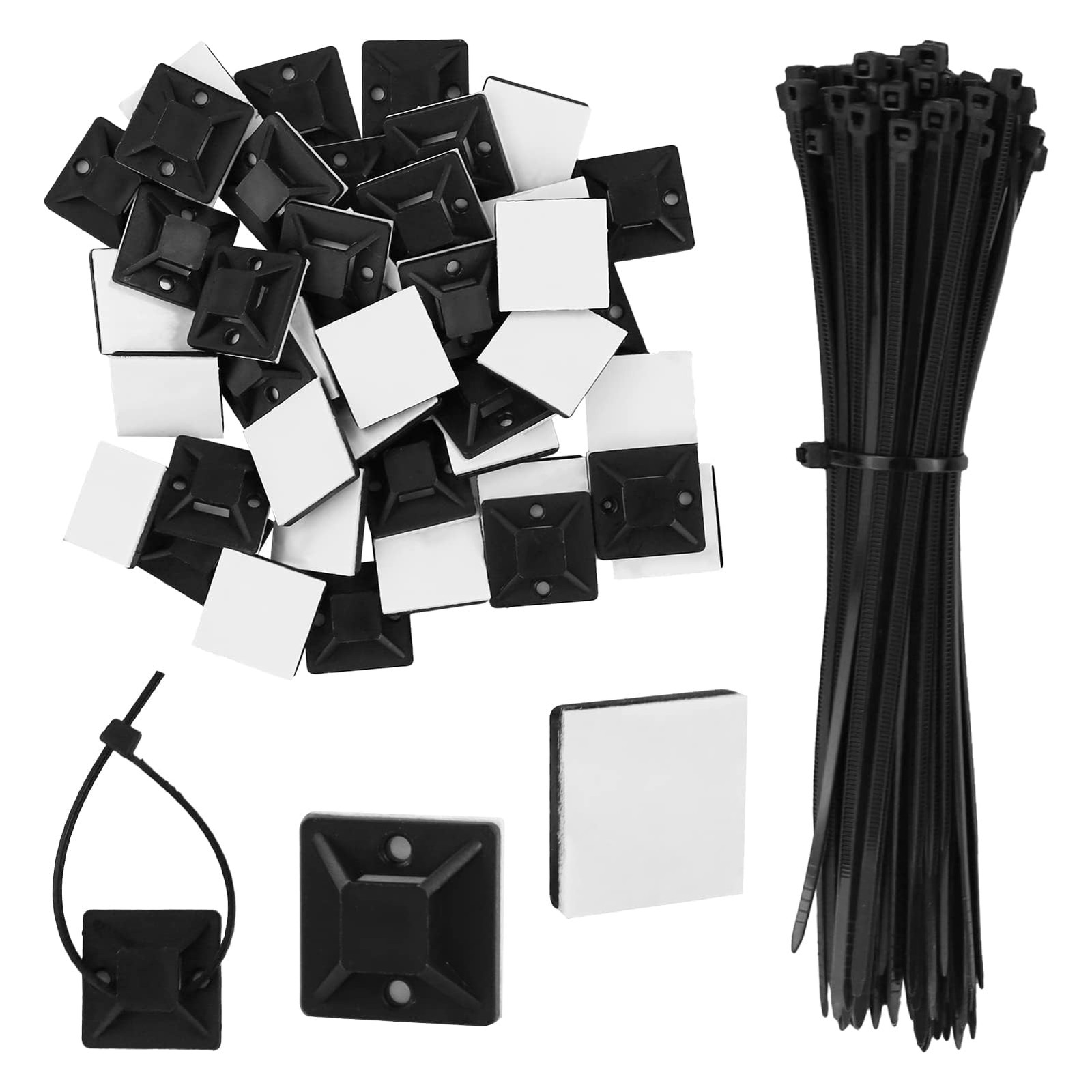 100 Pack Cable Ties Self Adhesive Tie Base Holders with Black
