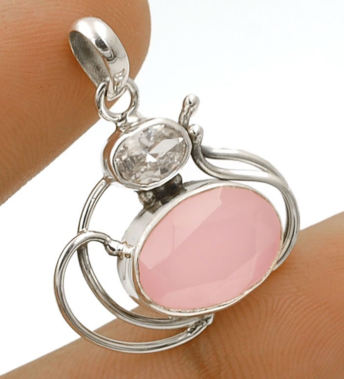 Natural Rose Quartz 925 Sterling Silver Pendant Jewelry 1 1/5'' Long @9-3
