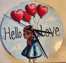 New round Metal Wall Clock with Mew little girl holding red heart balloons 