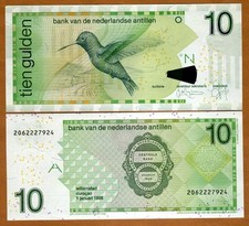 Netherlands Antilles 10 Gulden, 1998 Pick 28a (28) UNC First date, Hummingbird