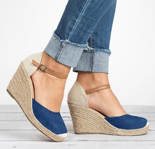 Ladies Wedge Heel Pumps Ankle Strap 