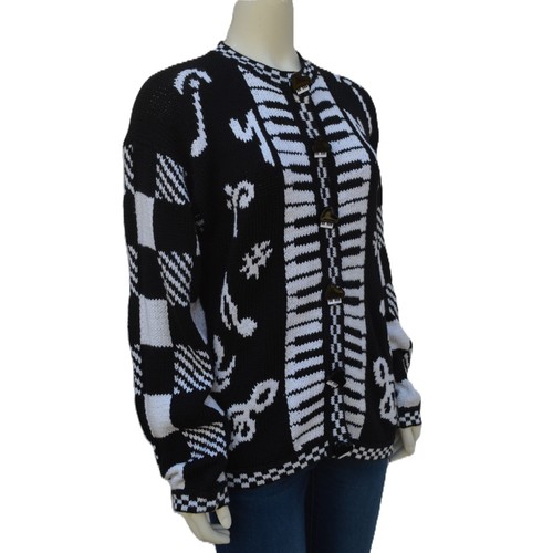 BellePointe VTG Medium Cardigan Sweater Black White Grand Piano Keys Music Notes - Picture 4 of 23