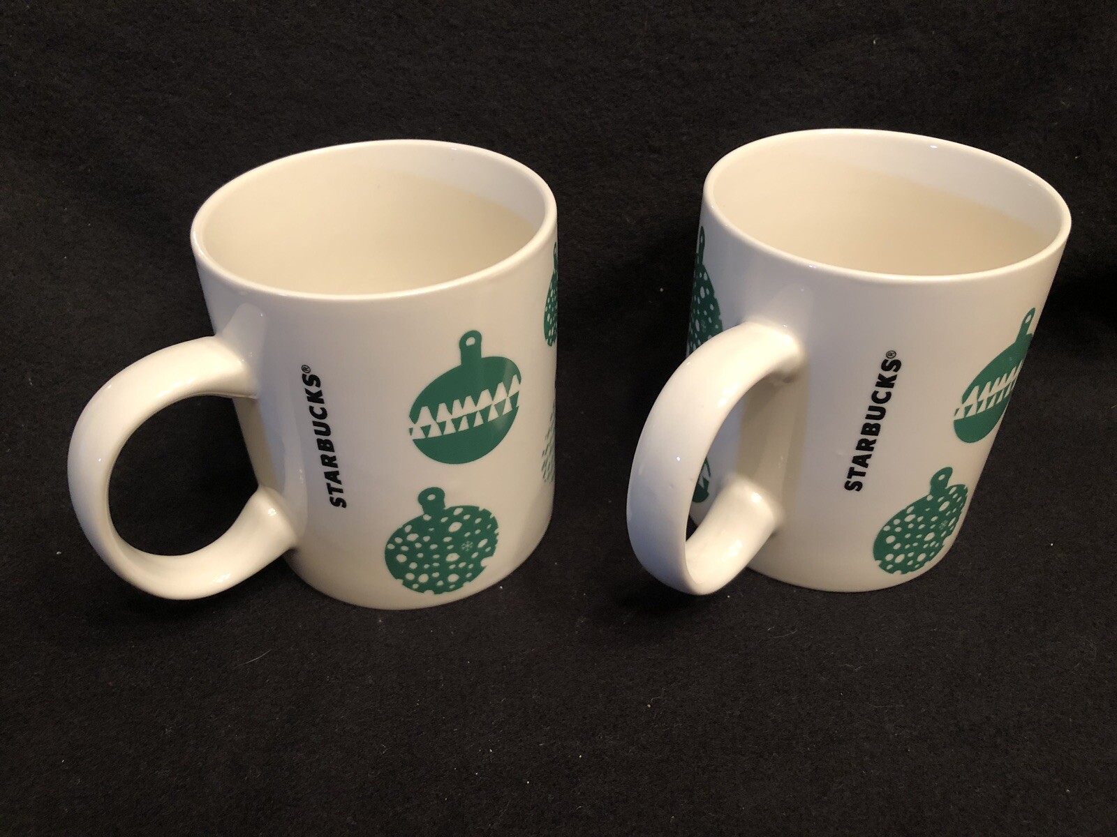 Starbucks 2016 Christmas Coffee Tea Mugs White Green Ornaments Pair