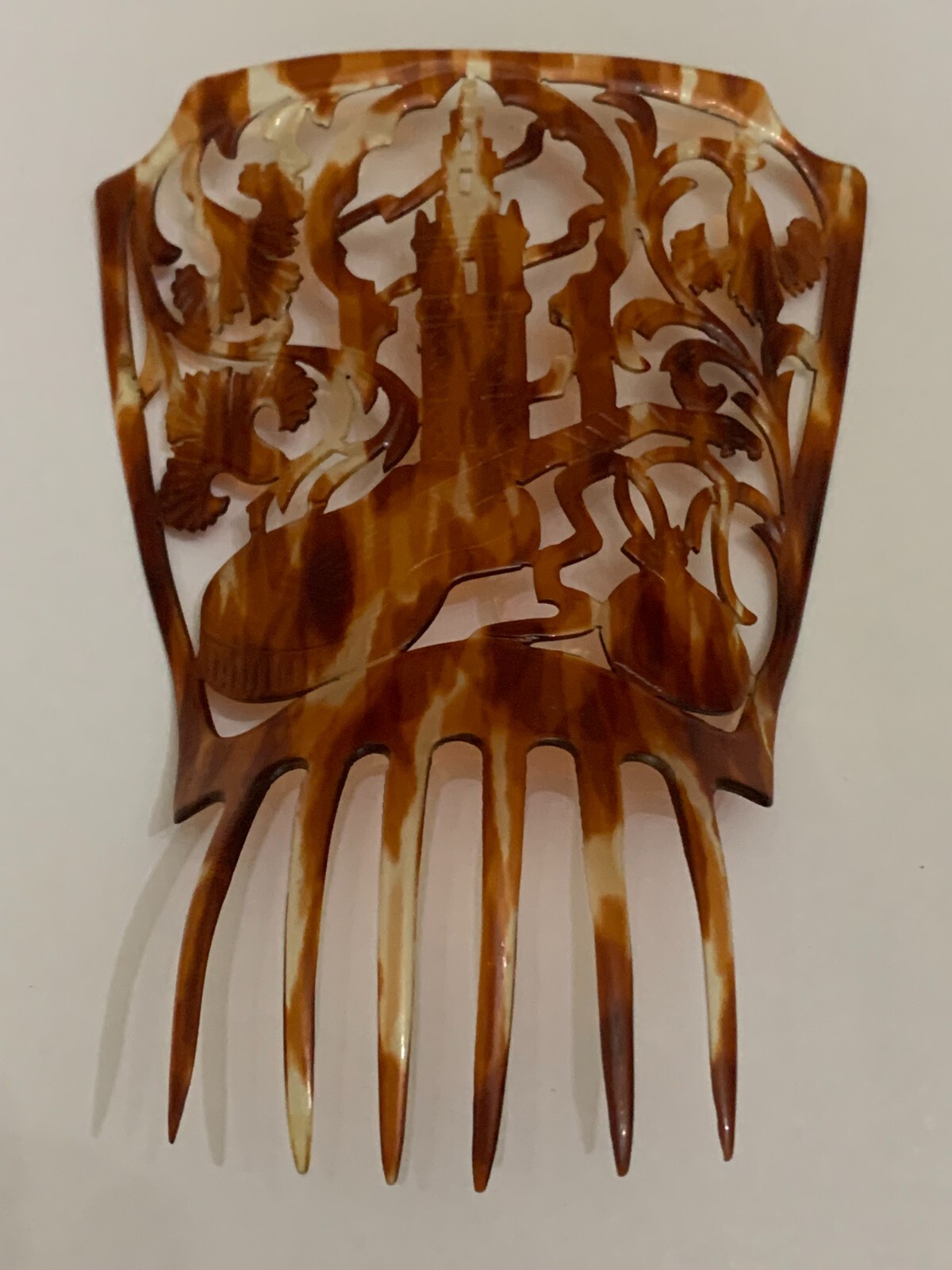 Antique Ornate Filigree Spanish Guitar and Building Design Carved Hair Comb