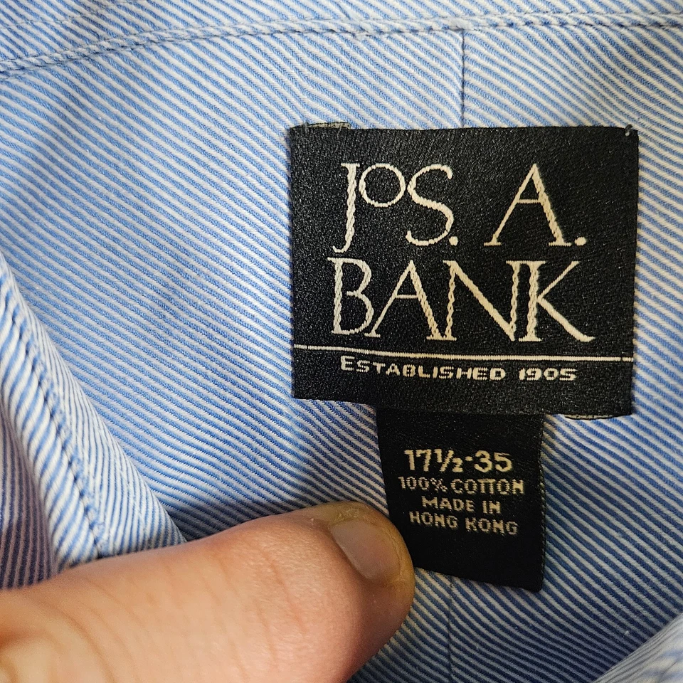 Jos A Bank Dress Shirt Men 17.5 35 Button Up Long Sleeve Blue White Striped - Image 4 of 4