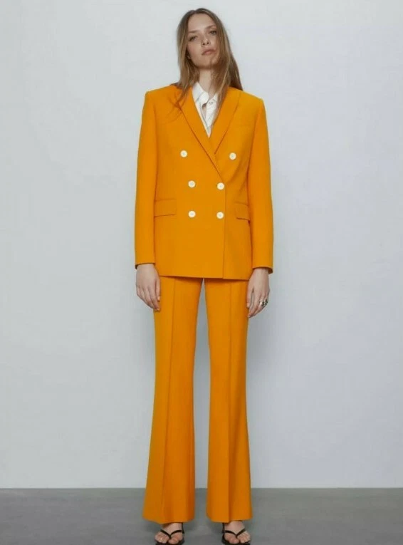 Zara 2020 Orange double breasted Blazer suit Size Large Brand New | eBay