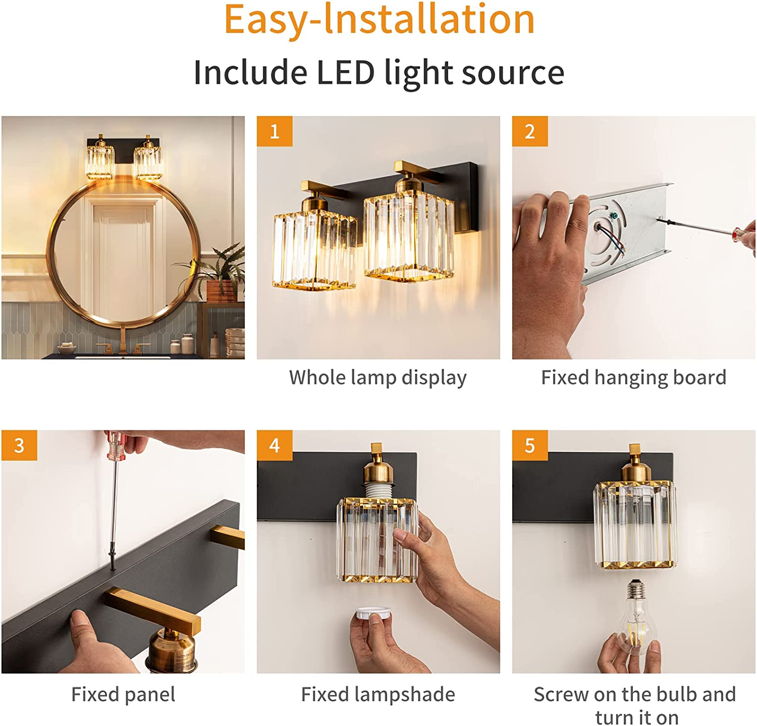 Modern Black Crystal Bathroom Vanity Light 2Lights Modern Bathroom Wall