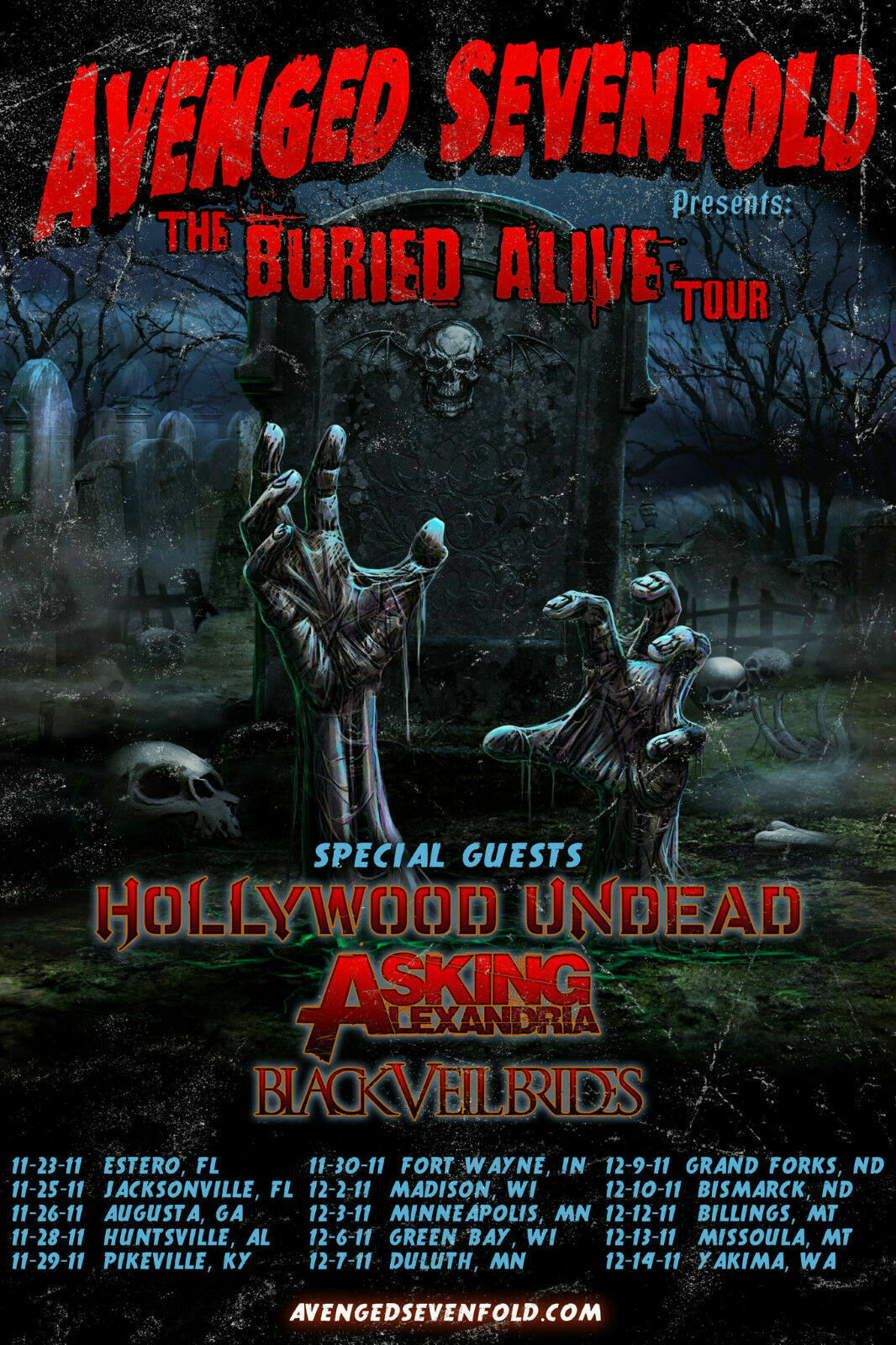 AVENGED SEVENFOLD BURIED ALIVE TOUR 2011 U.S. CONCERT POSTER-Heavy Metal  Music