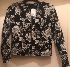 H&m Divided Black White Floral Quilted Short Lined Zip Jacket Uk Size 12 Bnwt