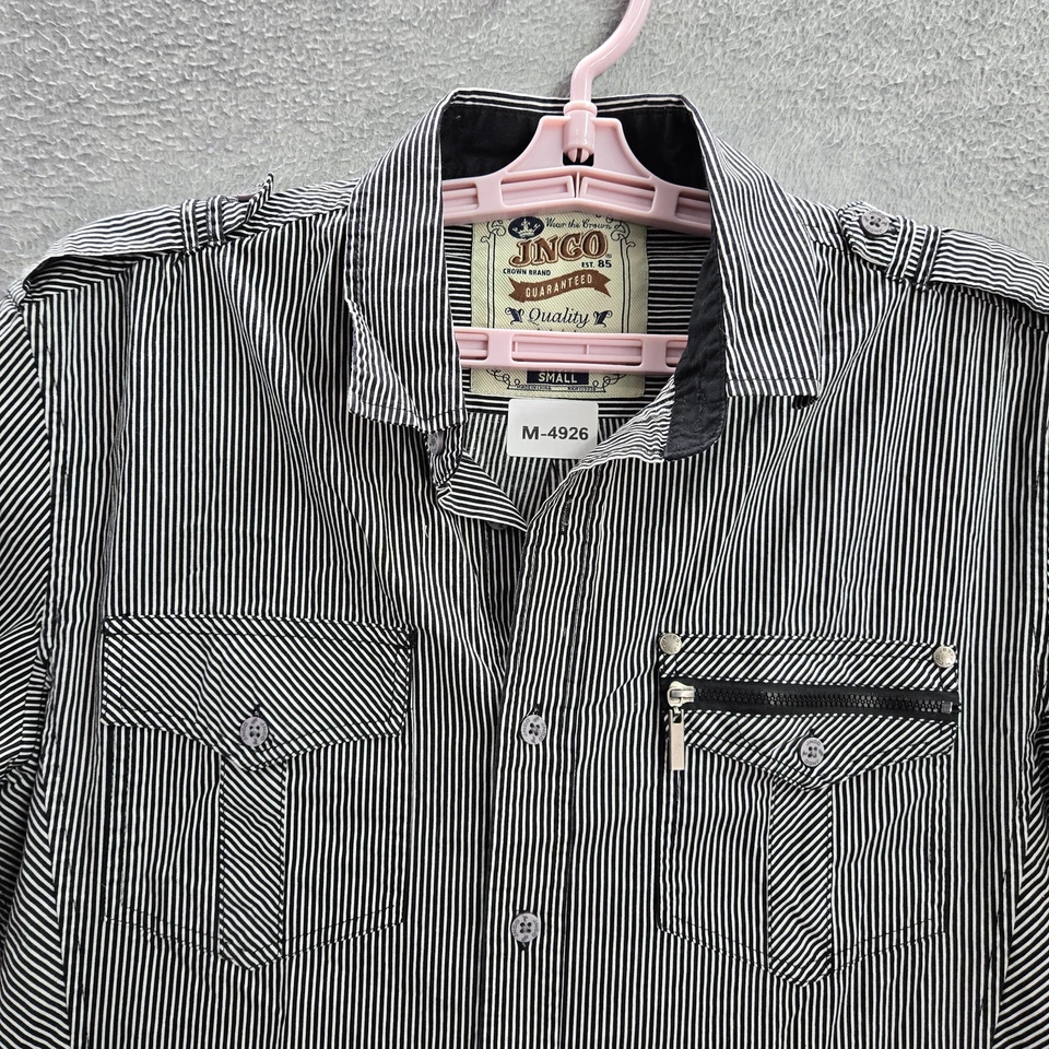 Camisa con botones vintage marca JNCO Crown para hombre S negra cremallera a rayas Y2K Foto 4 de 4