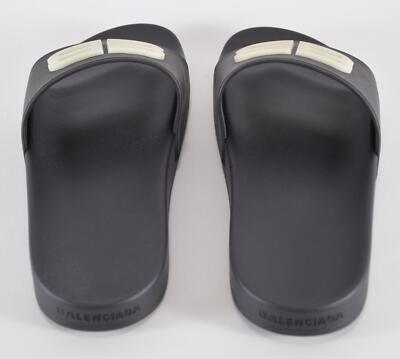 NEW Balenciaga Men's Black GLOW BB Logo Pool Slides Sandals Shoes