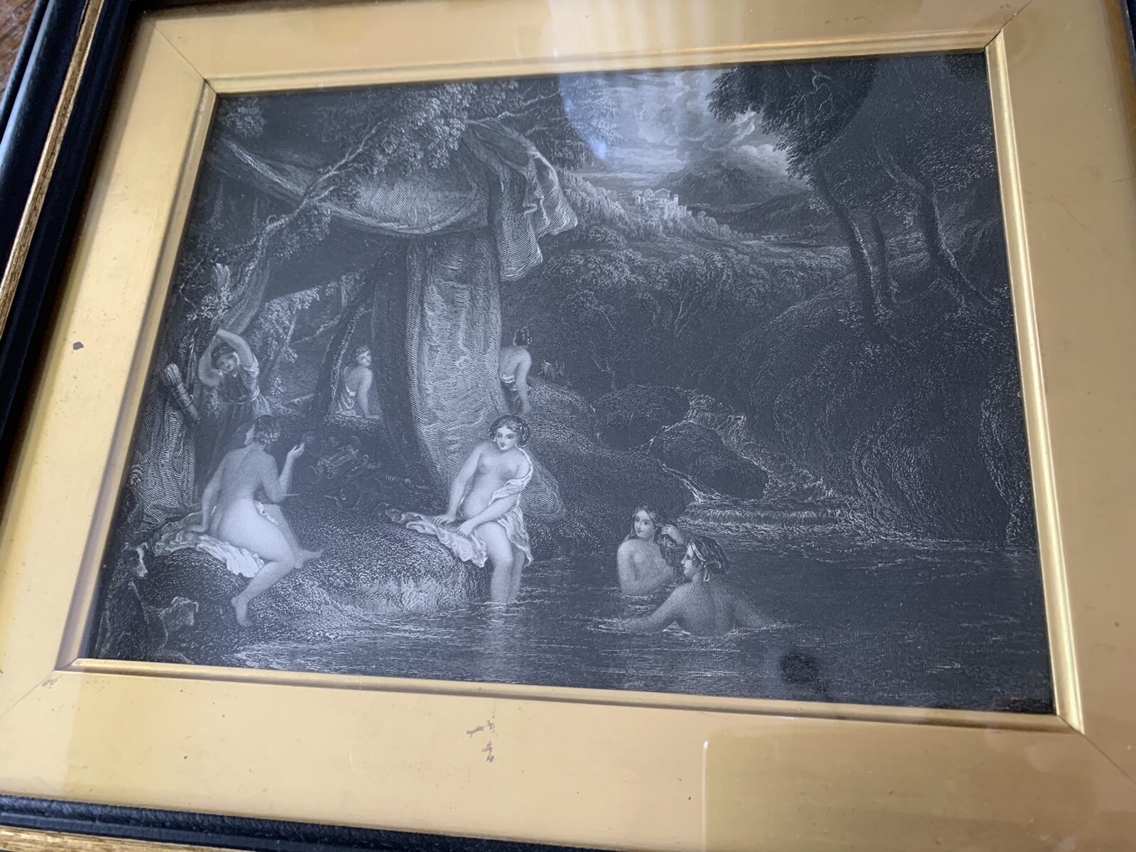 Nude Naked Women bathing in a river by the forest, Gold border :) eBay