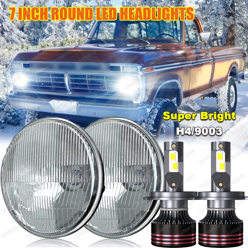 For 69-78 Ford F100 F150 F250 Pair 7inch Round LED Headlights Halo High Low Beam