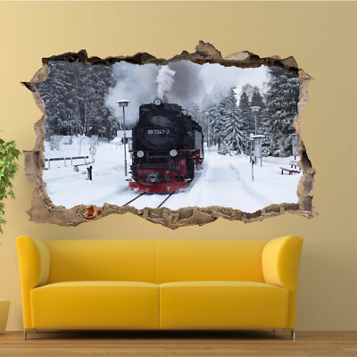 Winter Schnee Landschaft Dampfzug Wandaufkleber Kunst 3D Poster Aufkleber Wandbild Dekor RO8
