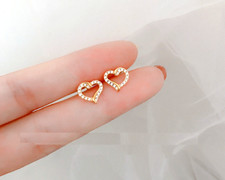 Tiny Gold Love Heart Pave Cubic Zirconia Stud Earrings