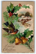 1910 Christmas Bird Pine Leaf Holly Berries House Winter Thomasville CA Postcard