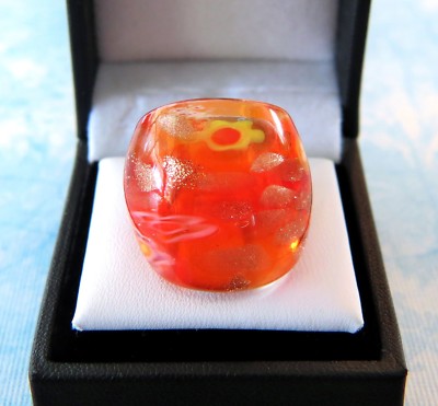 Bohemian Fire Red Floral theme Hand Blown Glass Bling Ring - Size 6.25