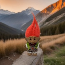 VTG Ace Novelty Treasure Trolls Doll 5" w/ Orange Hair Jewel Checkered Outfit