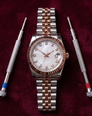 Two Tone Rose Gold Mother of Pearl Diamond Dial Mod Watch NH35A New