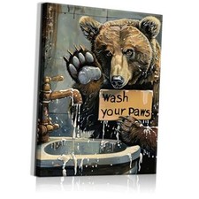 Bathroom Bear Wall Art Funny Animal Wall Decor Wash Your Paws 16L" x 24W"