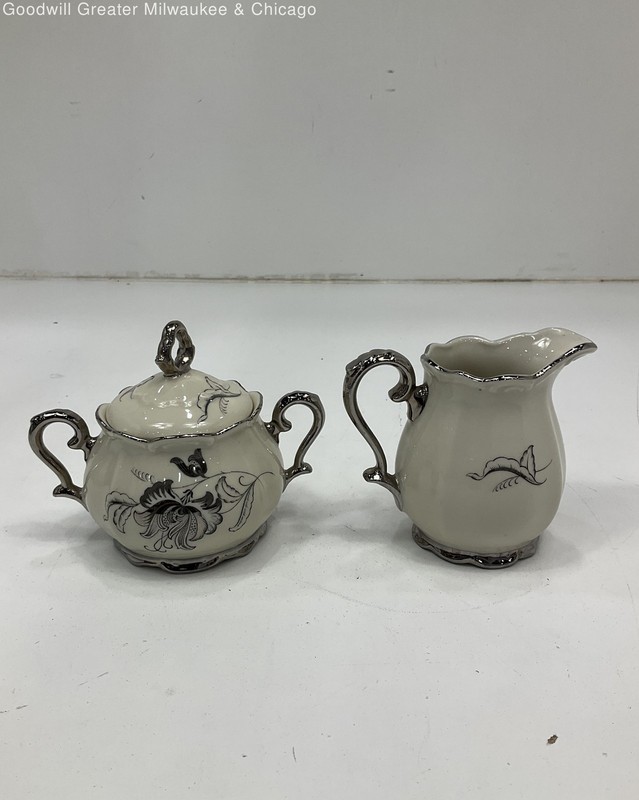 VTG China 25th Wedding Anniversary Silver White Porcelain Creamer Sugar Bowl Set