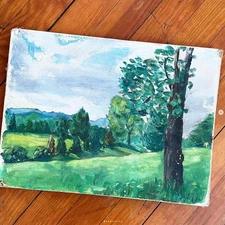 Vintage Painting Naive Landscape Green Trees Blue Sky Canvas Board