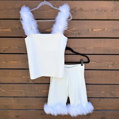 Sleeper Weekend Chic Fur Trim Tank Top & Bike Shorts Loungewear Set Sz L Ivory