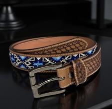 Beaded Western Belt Cowboy Rodeo Full Grain Leather Hand Tooled Removable Buckle