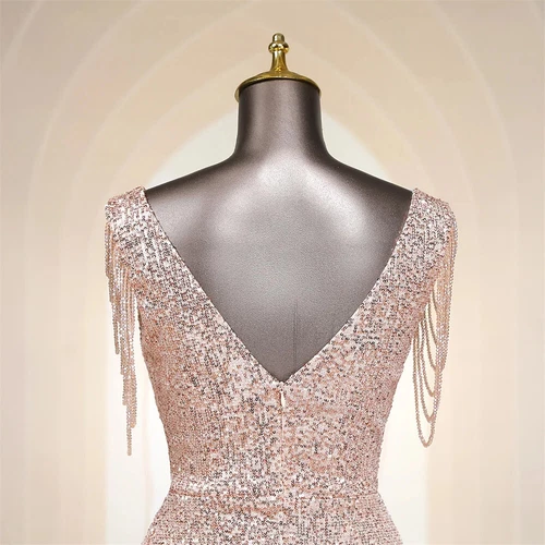 Evening Dress Tassel V Neck Ruffles High Split Women Sequin Long Prom Party Gown - Picture 2 of 30