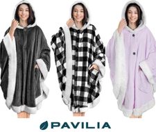 Poncho Wearable Blanket Hooded Wrap Shawl Cape Hood Pocket Women Sherpa Throw