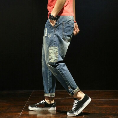 Herren Jeans Harem Stil Hose Baggy Hose Patch Freizeit Locker Retro