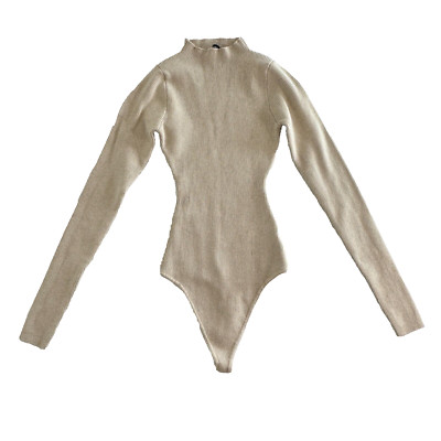 Naked Wardrobe Bodysuit Womens S Beige Ribbed Long Sleeve Mock Neck Thong Knit