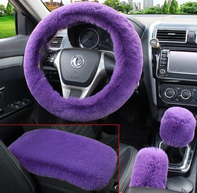 4 Pcs/Set Fluffy Faux Wool Car Steering Wheel Cover & Furry Auto Center Conso...