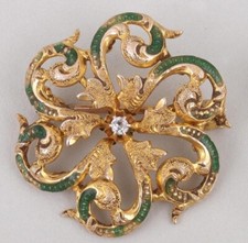 Antique Victorian 14k Gold Green Enamel Diamond Floral Brooch Pin