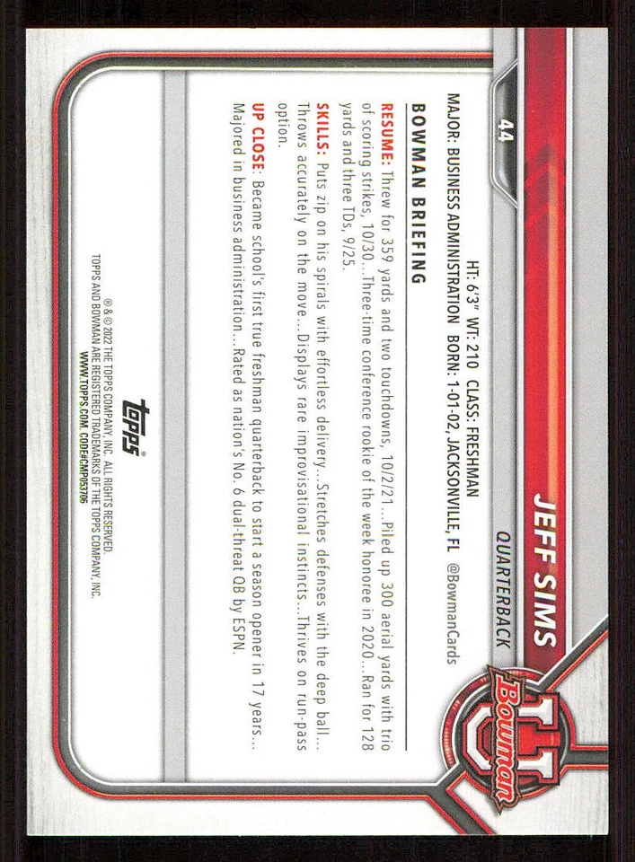 2022 Bowman University #44 Jeff Sims - Image 2 of 2