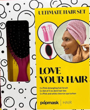 POPMASK LOVE YOUR HAIR ULTIMATE HAIR GIFT SET FOR HER BRUSH TIES SPA TOWEL PINK