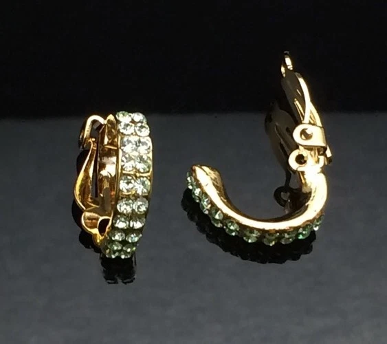 CLIP ON Lime Green Crystal Gold Diamante Hoop Earrings Wedding