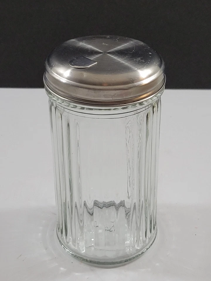 Agitador de azúcar de vidrio acanalado transparente Anchor Hocking tapa de acero inoxidable Foto 2 de 4