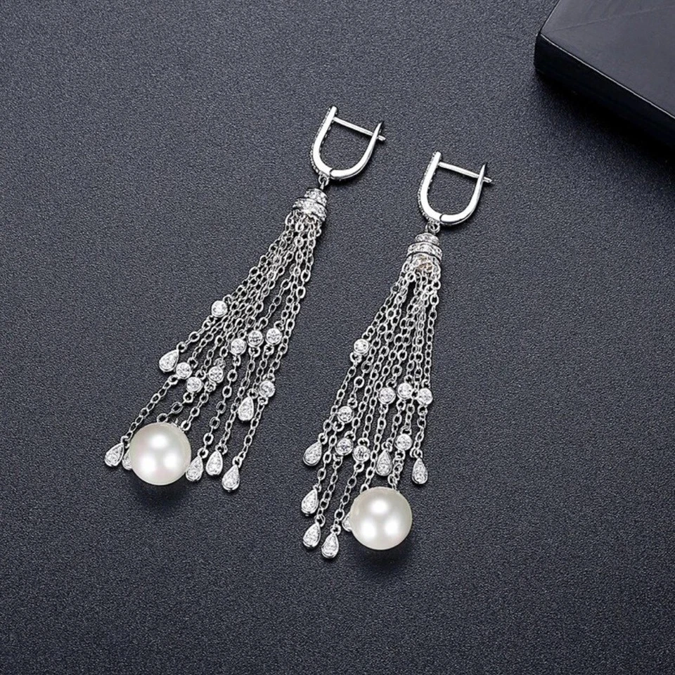 Long Silver Dangling Crystal & Pearl Earrings D14 - Image 3 of 4
