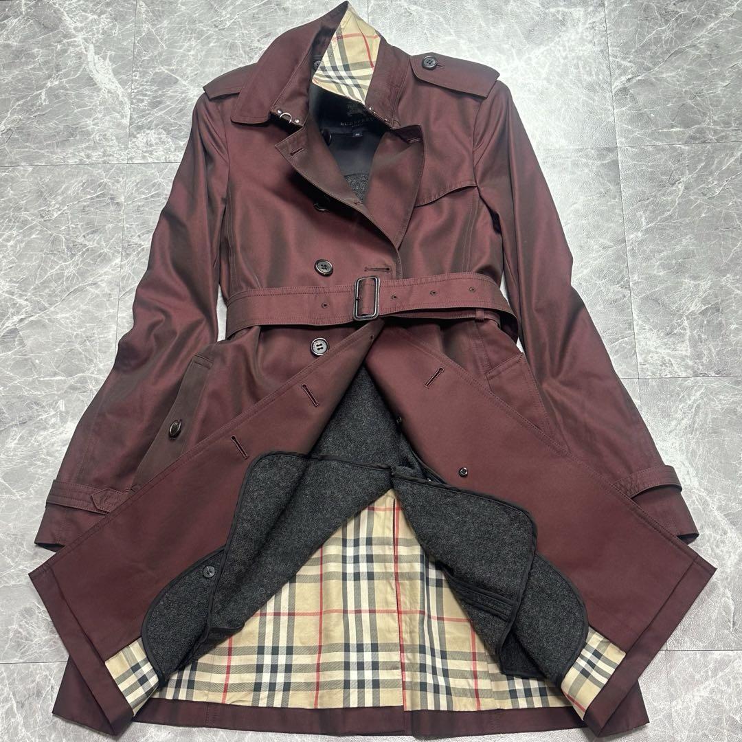 Burberry Trench Coat Liner Nova Check Bordeaux Size 38 M Belted Rare Color